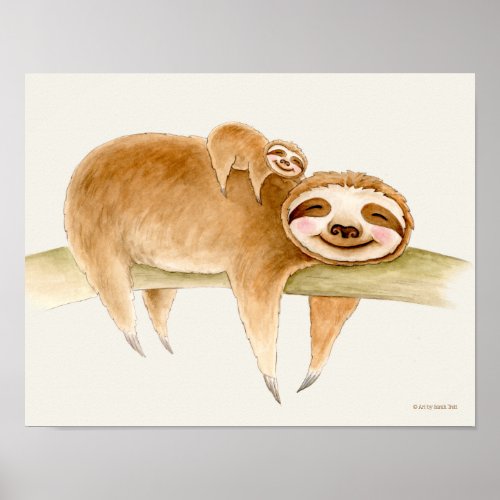 Whimsy sloth and cute baby watercolor painting poster