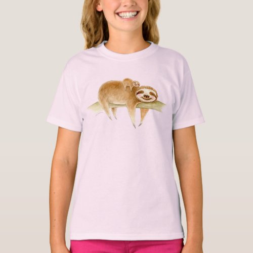 Whimsy sloth and cute baby watercolor painting T_Shirt