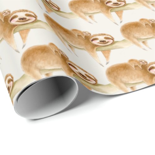 Whimsy sloth and cute baby watercolor painting wrapping paper