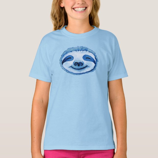 Whimsy sloth face blue watercolor art T-Shirt (Front)