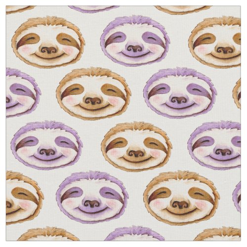 Whimsy sloth face brown purple watercolor pattern fabric