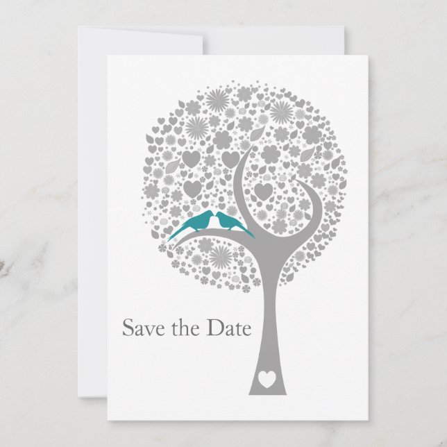 whimsy tree blue lovebirds mod save the date (Front)