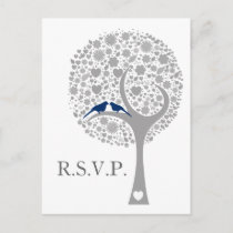 whimsy tree navy blue lovebirds mod wedding rsvp invitation postcard