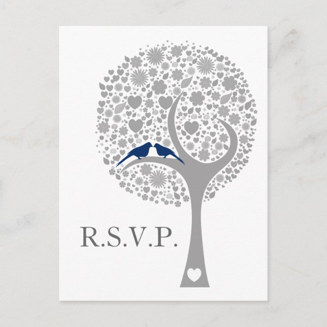 whimsy tree navy blue lovebirds mod wedding rsvp invitation postcard (Front)