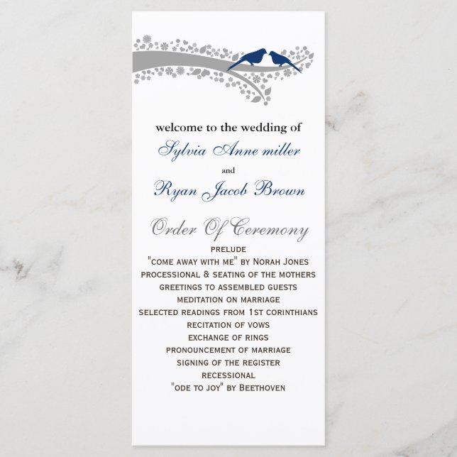 whimsy tree navy blue lovebirds Wedding program (Front)