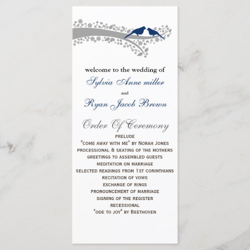 whimsy tree navy blue lovebirds Wedding program