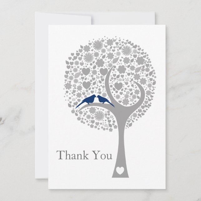 whimsy tree navy blue lovebirds wedding Thank You (Front)