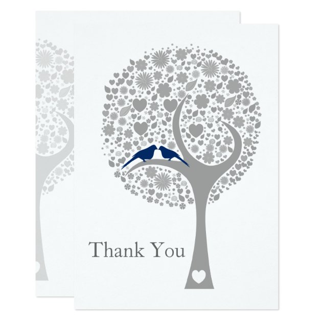 Whimsy Tree Navy Blue Lovebirds Wedding Thank You Card