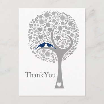 whimsy tree navy blue lovebirds wedding Thank You Postcard