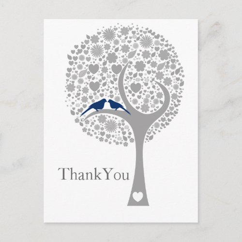 whimsy tree navy blue lovebirds wedding Thank You Postcard