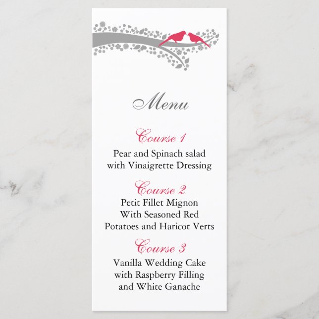 whimsy tree pink lovebirds menu cards (Front)