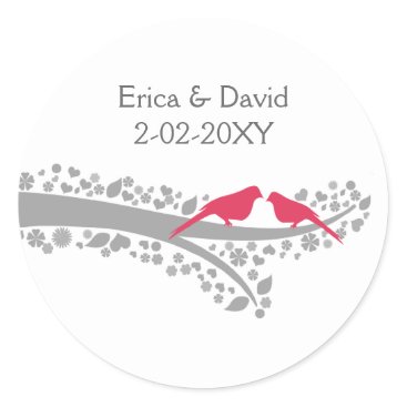 whimsy tree pink lovebirds wedding favor stickers
