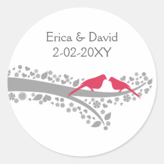whimsy tree pink lovebirds wedding favor stickers