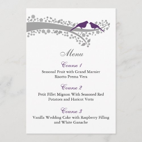 whimsy tree purple lovebirds menu cards