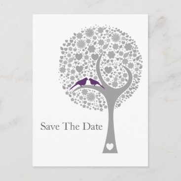 whimsy tree purple lovebirds mod save the date announcement postcard