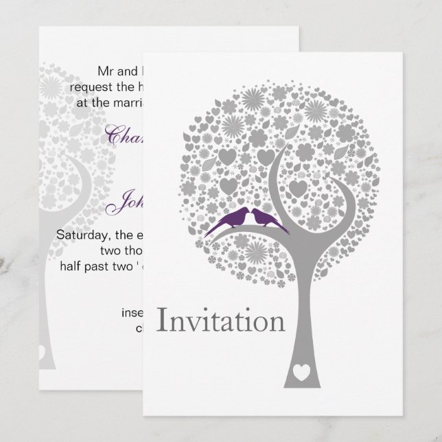 whimsy tree purple lovebirds mod wedding invites (Front/Back)