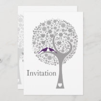 whimsy tree purple lovebirds mod wedding invites