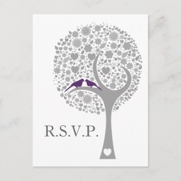 whimsy tree purple lovebirds mod wedding rsvp invitation postcard