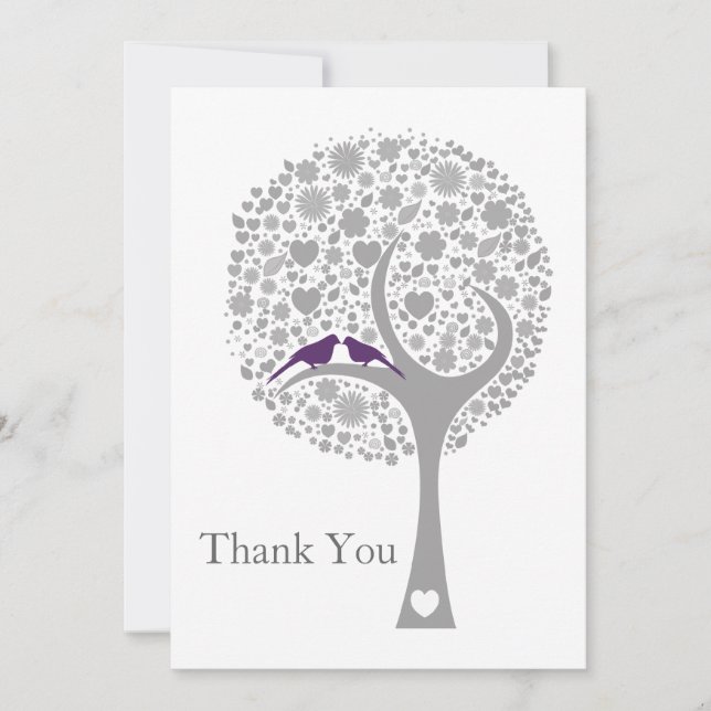 whimsy tree purple lovebirds mod wedding Thank You (Front)