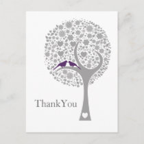 whimsy tree purple lovebirds mod wedding Thank You Postcard
