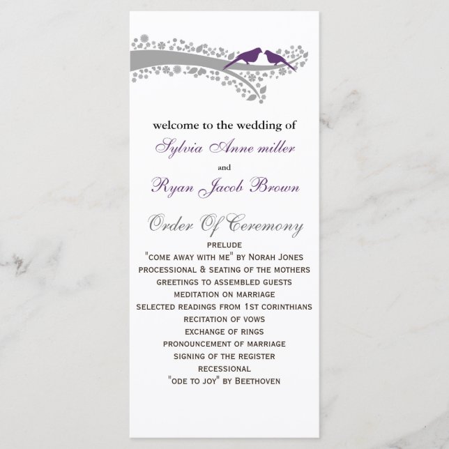 whimsy tree purple lovebirds Wedding program (Front)