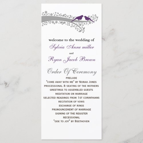 whimsy tree purple lovebirds Wedding program