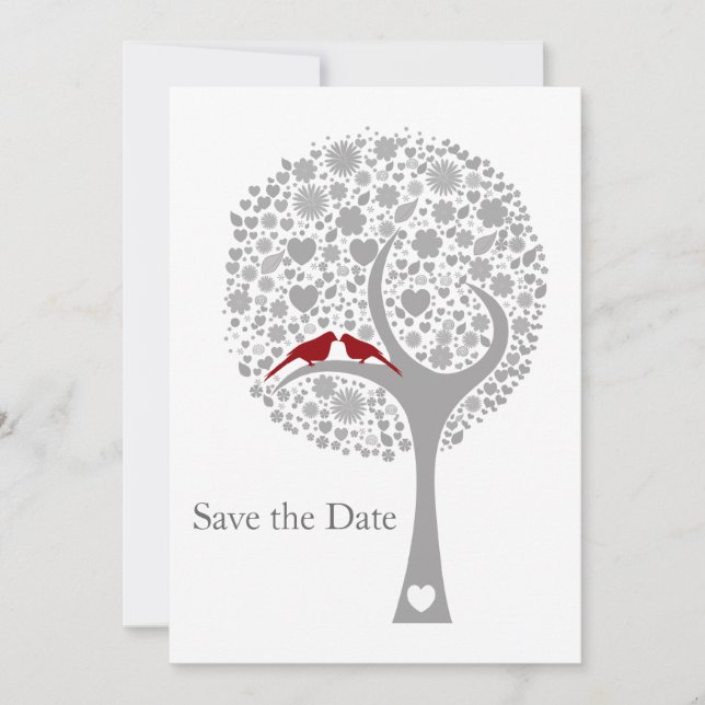 whimsy tree red lovebirds mod save the date (Front)