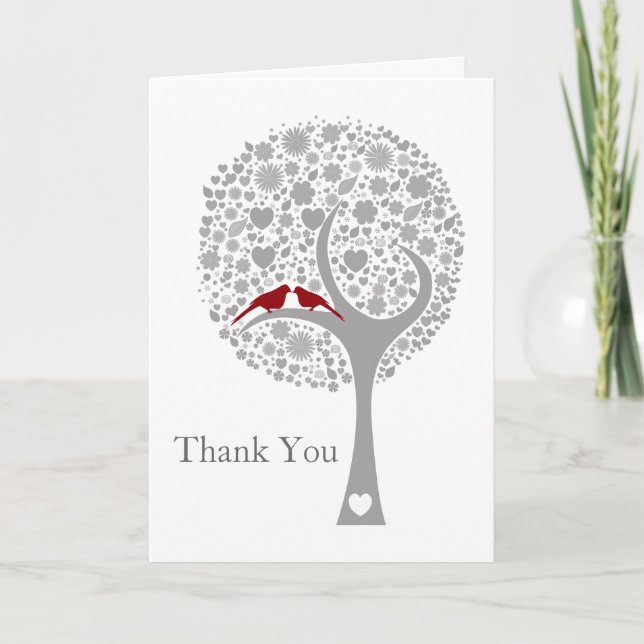 whimsy tree red lovebirds mod wedding Thank You (Front)
