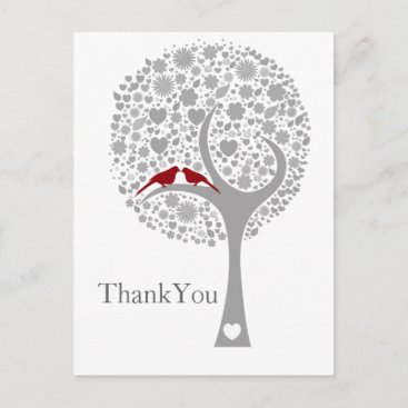 whimsy tree red lovebirds mod wedding Thank You Postcard