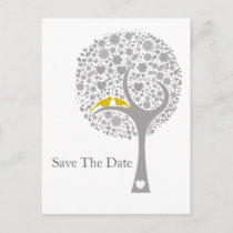 whimsy tree yellow lovebirds mod save the date announcement postcard
