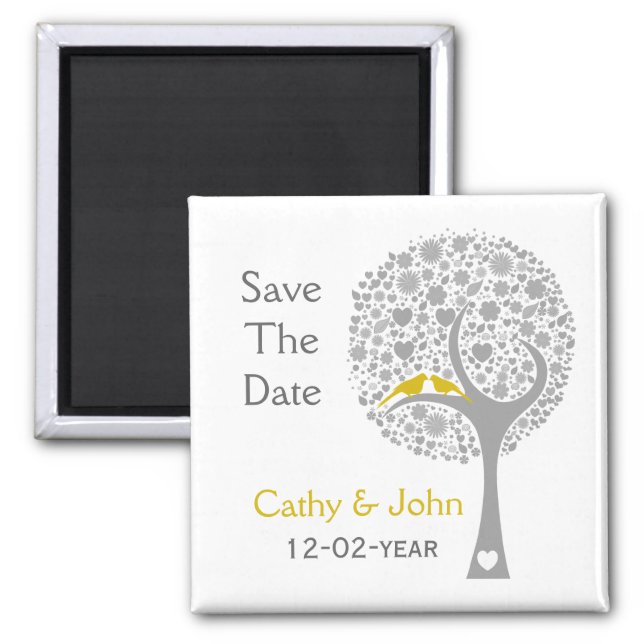 whimsy tree yellow lovebirds mod save the date magnet (Front)