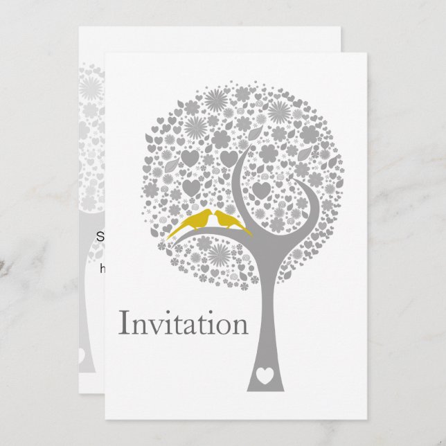 whimsy tree yellow lovebirds mod wedding invites (Front/Back)