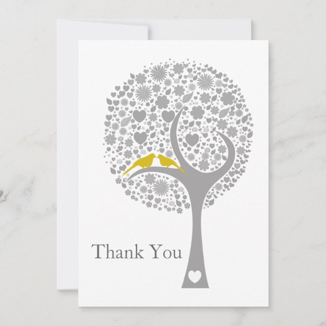 whimsy tree yellow lovebirds mod wedding Thank You Invitation (Front)