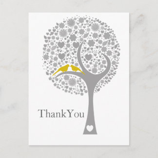 whimsy tree yellow lovebirds mod wedding Thank You Postcard