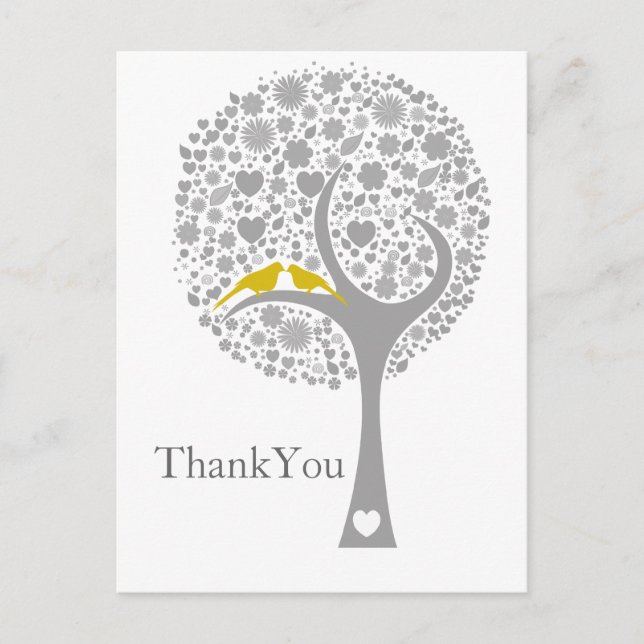whimsy tree yellow lovebirds mod wedding Thank You Postcard (Front)