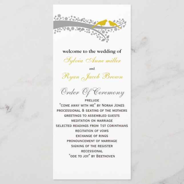 whimsy tree yellow lovebirds Wedding program (Front)