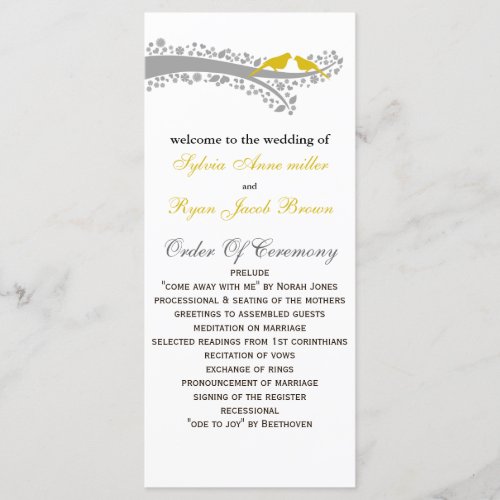 whimsy tree yellow lovebirds Wedding program