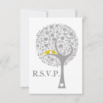 whimsy tree yellow lovebirds wedding rsvp 3.5 x 5