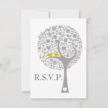 whimsy tree yellow lovebirds wedding rsvp 3.5 x 5