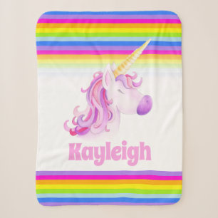 Whimsy unicorn rainbow kids custom name sherpa blanket