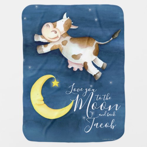 Whimsy watercolor art cow jumping over the moon baby blanket