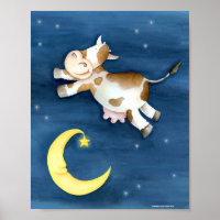 Whimsy watercolor art cow jumping over the moon