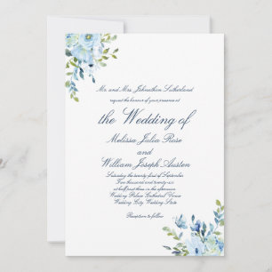 Whimsy Watercolor Blue Botanical Script Wedding Invitation