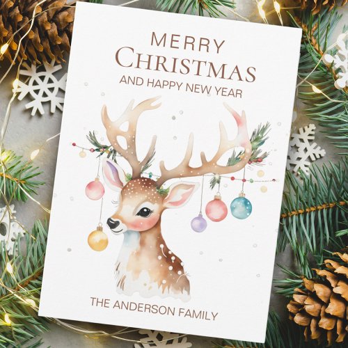 Whimsy Watercolor Christmas Ornament Reindeer Flat Holiday Card