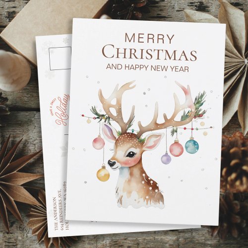 Whimsy Watercolor Reindeer with Christmas Ornament Postcard