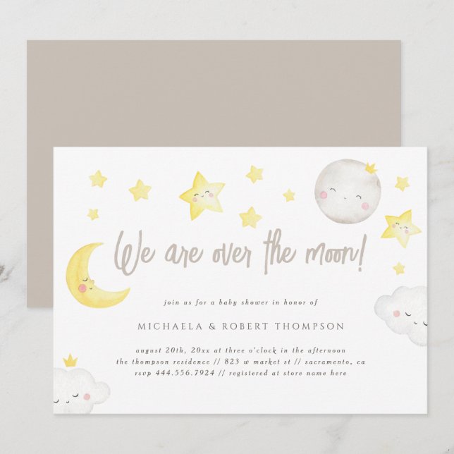 Whimsy Watercolor We Are Over The Moon Baby Shower Invitation (Front/Back)