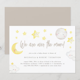 Whimsy Watercolor We Are Over The Moon Baby Shower Invitation