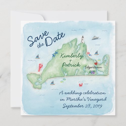 Whimsy Watercolor Wedding Map of Marthas Vineyard Save The Date