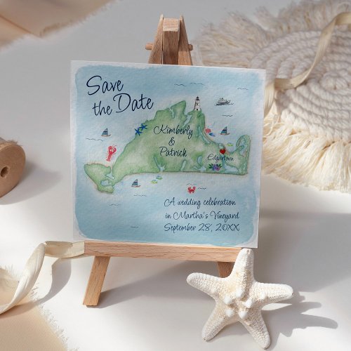 Whimsy Watercolor Wedding Map of Marthas Vineyard Save The Date