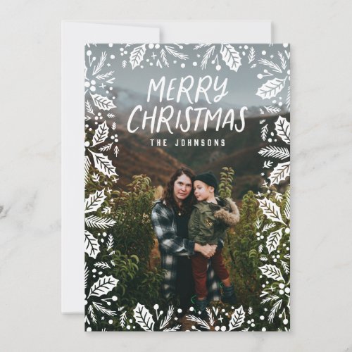 Whimsy White Holly Border Photo Christmas Holiday Card